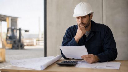 Dueño de una pyme constructora revisa facturas y planos con una calculadora para evaluar su financiamiento