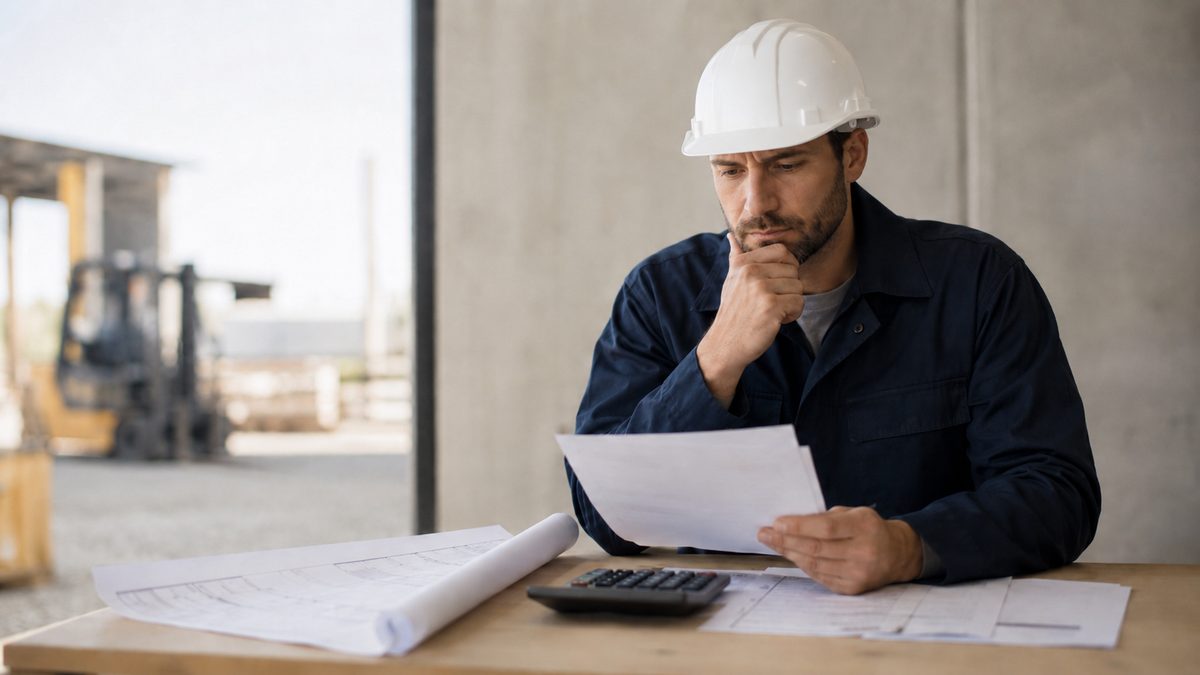 Dueño de una pyme constructora revisa facturas y planos con una calculadora para evaluar su financiamiento